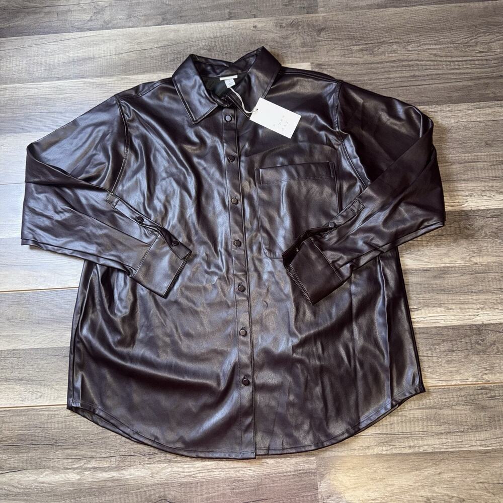 A New Day Faux Leather Shirt Jacket Womens Medium Brown Button Up Shacket NWT